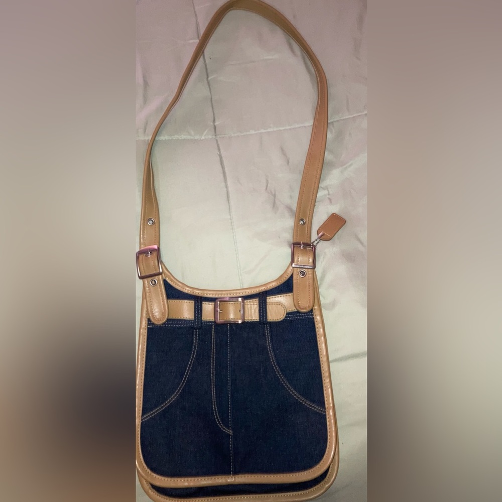 Denim with tan linen, vintage bag, with 5 pocket compartments!!